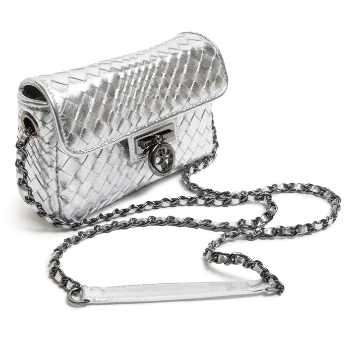 Chicca Women's Laminated Intreccio Optical Leather Bag in Argento
