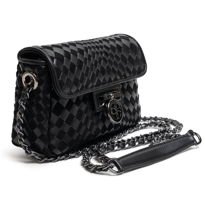 Chicca Women's Intreccio Optical Leather Bag in Nappa and Suede Black