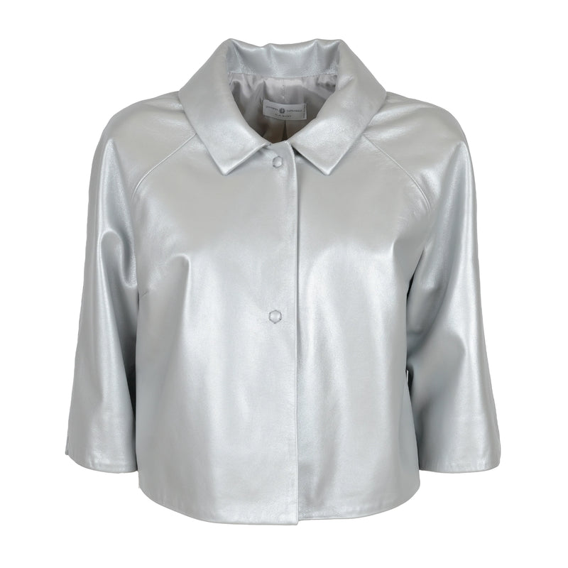 Women Cropped Nappa Leather Jacket in Pearl Grey
