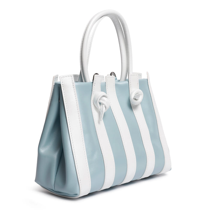 Stripes Medium Shopping Bag in Softy Leather Cielo and White