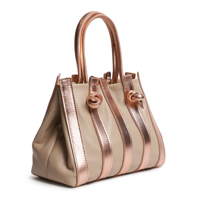 Stripes Medium Shopping Bag in Nappa Caffellatte and Laminated Rose Gold Leather