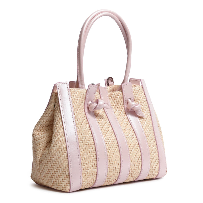 Stripes Canvas and Leather Medium Shopping Bag in Pearlized Pink