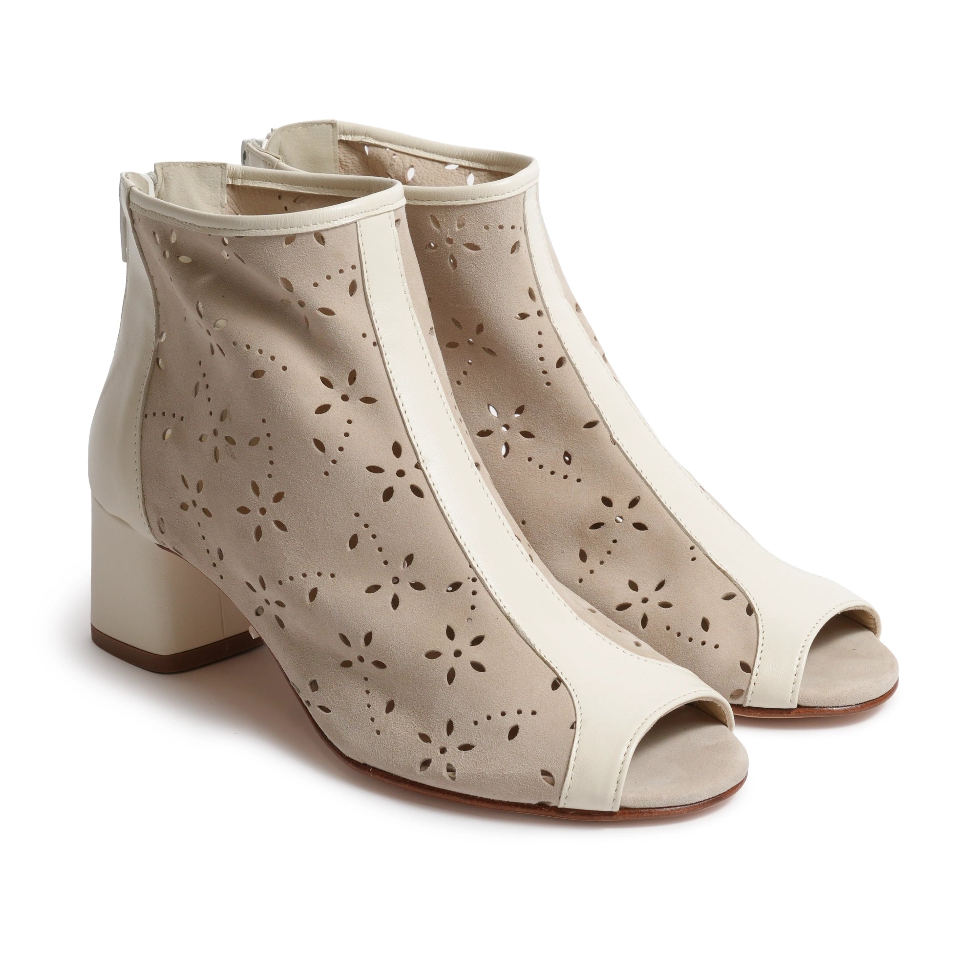 Women Open Toe Ankle Booties in Lasered Suede Ivory โ Jennifer