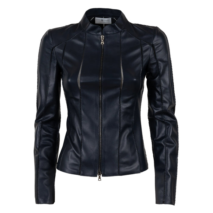 Astrid Short Leather Stretch Jacket in Nappa Blue Navy