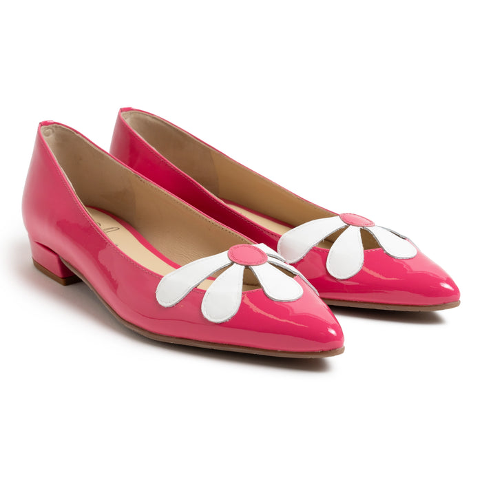 Women Pointed Ballet Flats with White Flower in Fucsia