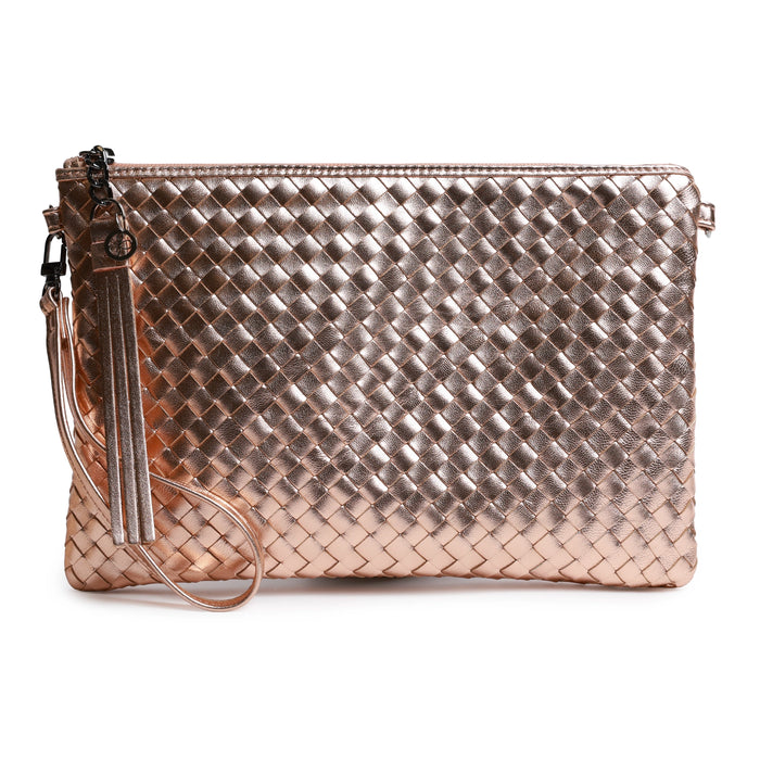 Women Intrecciato Laminated Leather Pouch in Rose Gold