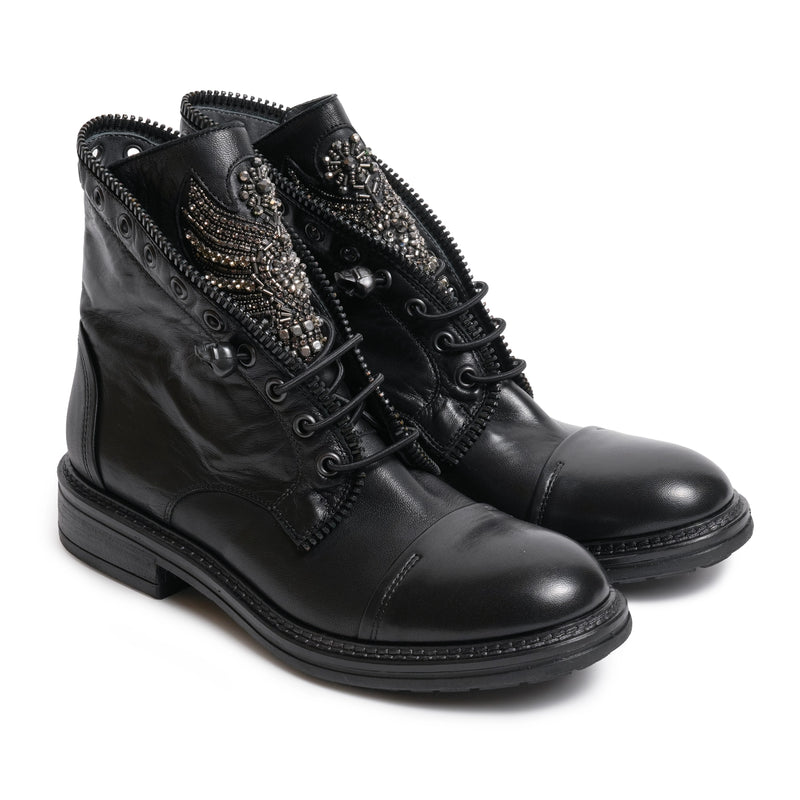 Women's Combat Booties with Crystals Embroidery in Black