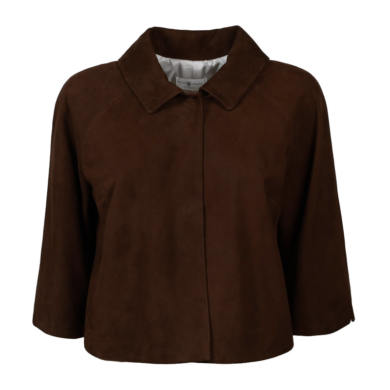 Women Cropped Suede Leather Jacket in Testa di Moro