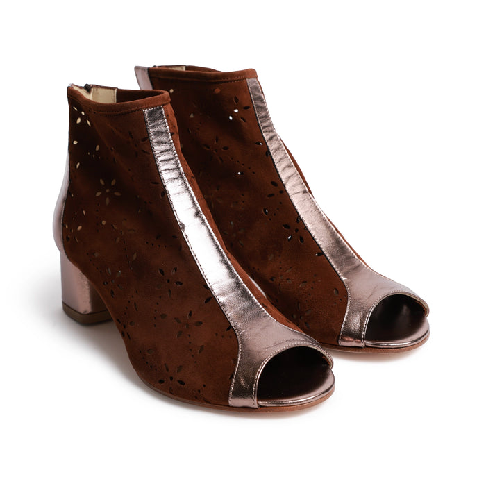 Women Open Toe Ankle Booties in Lasered Suede Brown