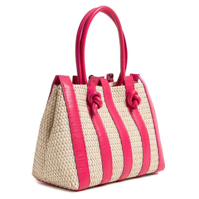 Stripes Canvas and Leather Medium Shopping Bag in Nappa Fucsia