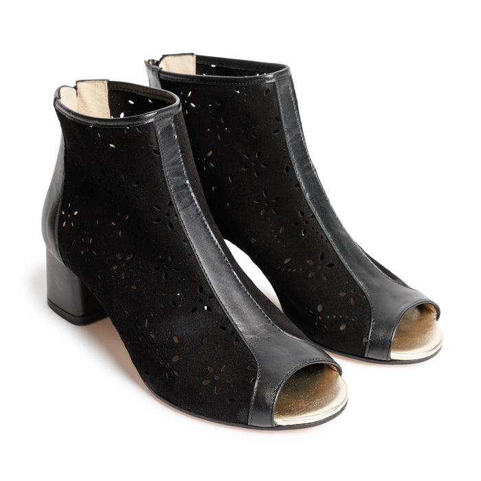 Women Open Toe Ankle Booties in Lasered Suede Black