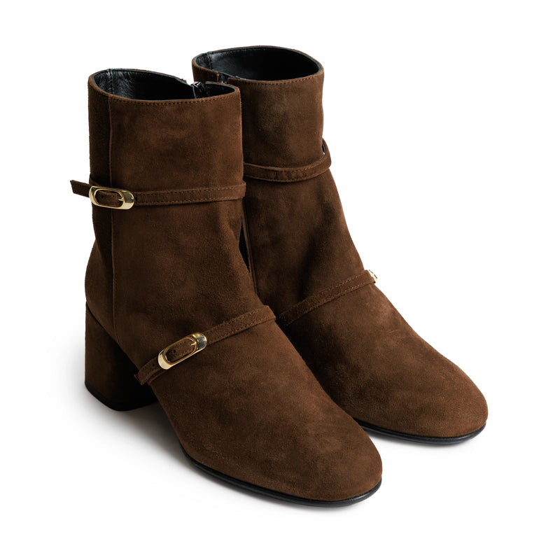 Women's Brown Suede Ankle Boots with Gold Buckles