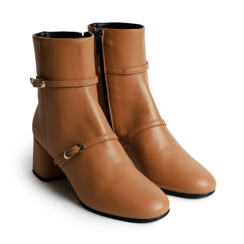 Women's Camel Leather Ankle Boots with Gold Buckles