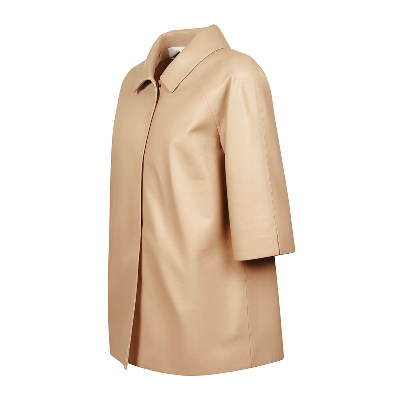 Women Cropped Long Nappa Leather Jacket in Caffelatte