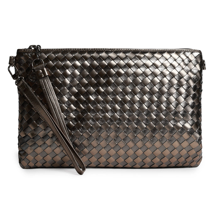 Women Intrecciato Laminated Leather Pouch in Bronze and Gun Metal