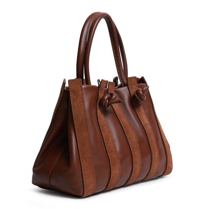 Stripes Medium Shopping Bag in Marron Glace Brown Nappa and Suede Leather