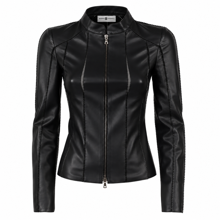 Astrid Short Leather Stretch Jacket in Nappa Black