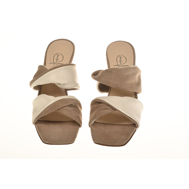 Women Two Twisted Band Leather Slip On In Ivory and Suede Camel