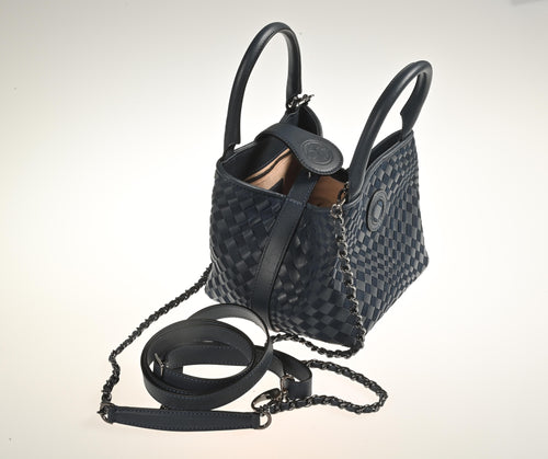 Lucia Top Handle Bag Intreccio Optical Softy perlato and suede in Dark Blue