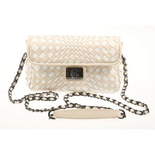 Women's Softy Suede Ivory Leather anf White Chicca Bag Intreccio Optical