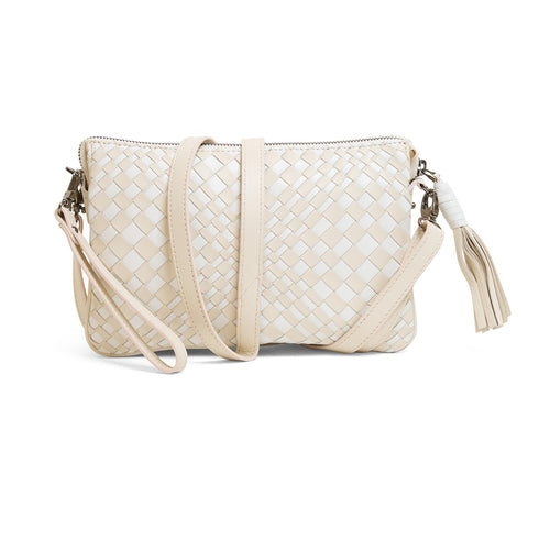 Woman Leather Clutch Intreccio Optical Beige and White