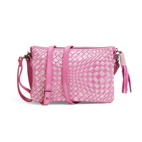 Woman Leather Clutch Intreccio Optical Shimmer Candy Pink and Rose Bon Bon