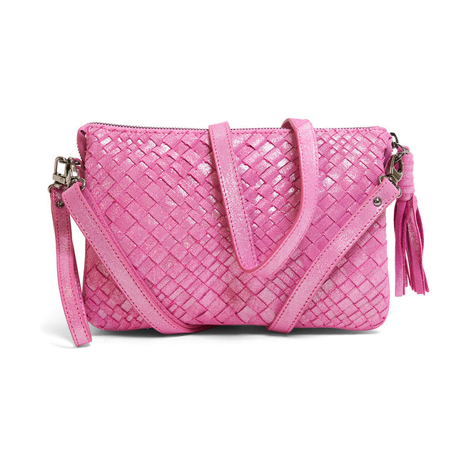 Woman Leather Clutch Intreccio Optical Shimmer Candy Pink