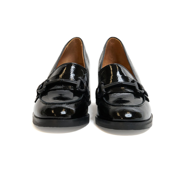 Women Patent Leather Loafer with Block Heel in Black