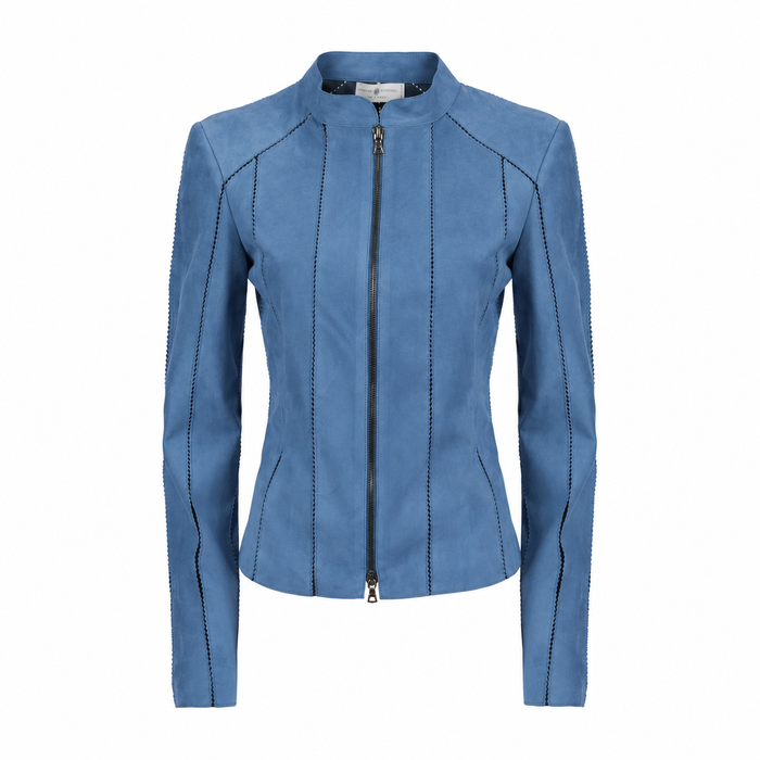 Astrid Short Leather Stretch Jacket in Suede Baltico