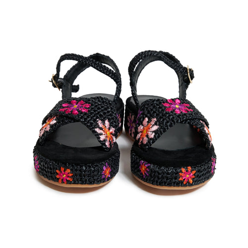 Women's Cord Platform Sandals with Flowers in black