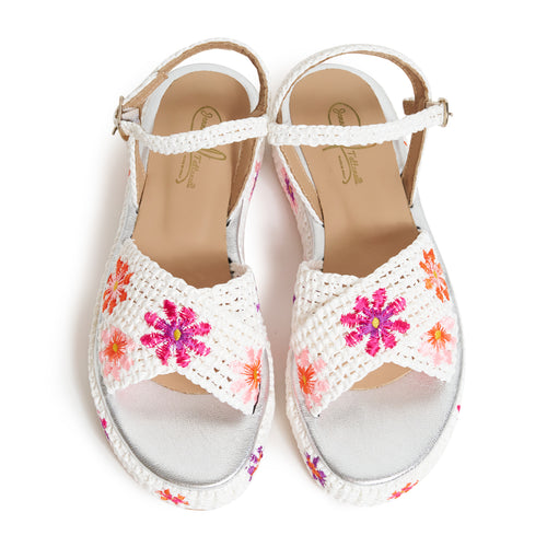 Women's Cord Platform Sandals with Flowers in White