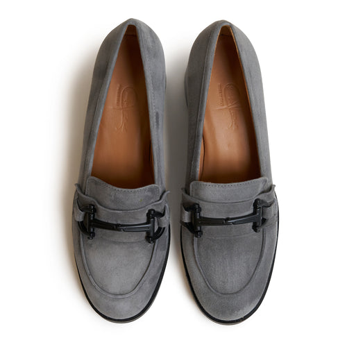 Women Suede Leather Loafer with Block Heel in Grey