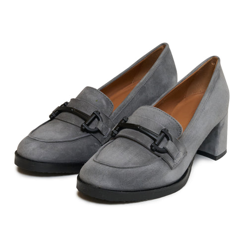 Women Suede Leather Loafer with Block Heel in Grey