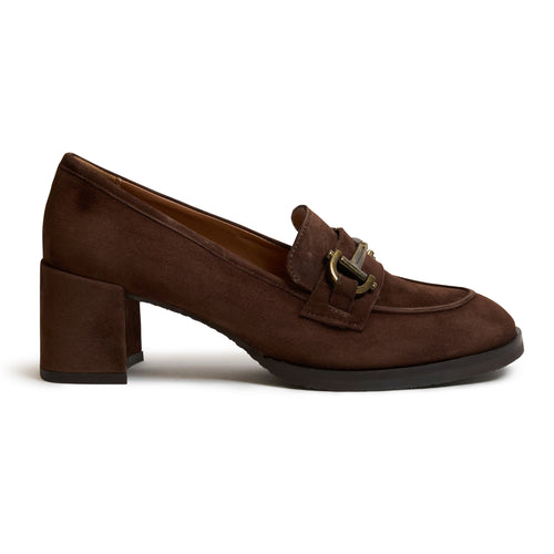 Women Suede Leather Loafer with Block Heel in Testa Di Moro
