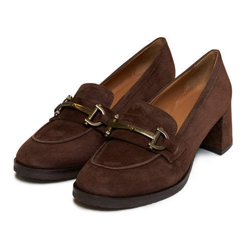 Women Suede Leather Loafer with Block Heel in Testa Di Moro
