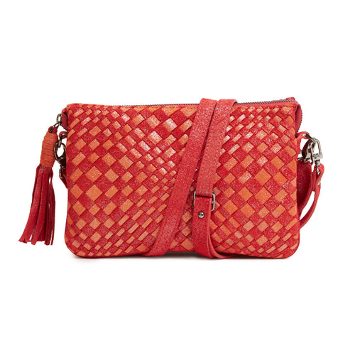 Woman Leather Clutch Intreccio Optical Shimmer Fuxia and Coral