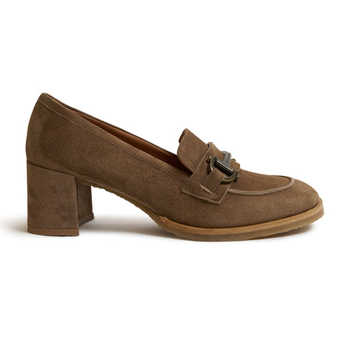 Women Suede Leather Loafer with Block Heel in Taupe