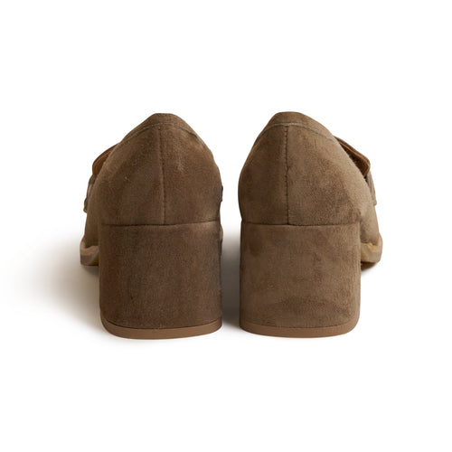 Women Suede Leather Loafer with Block Heel in Taupe