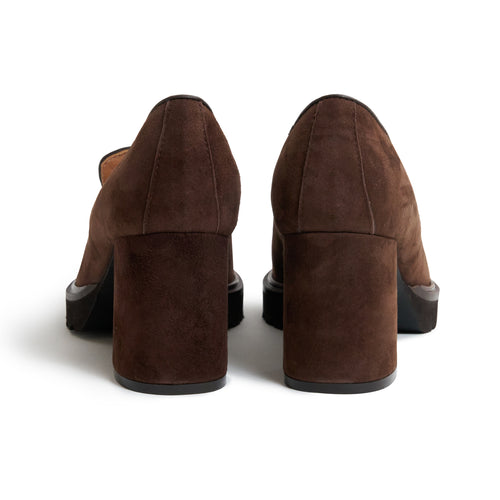 Women Suede Leather  Loafer with Block Heel in Testa di Moro
