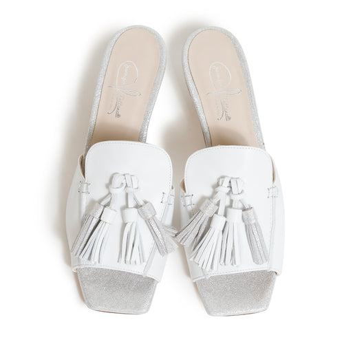 Woman Slip on Pumps With Tassels Detail in White and Silver