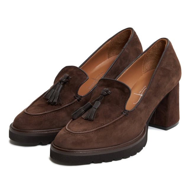 Women Suede Leather  Loafer with Block Heel in Testa di Moro