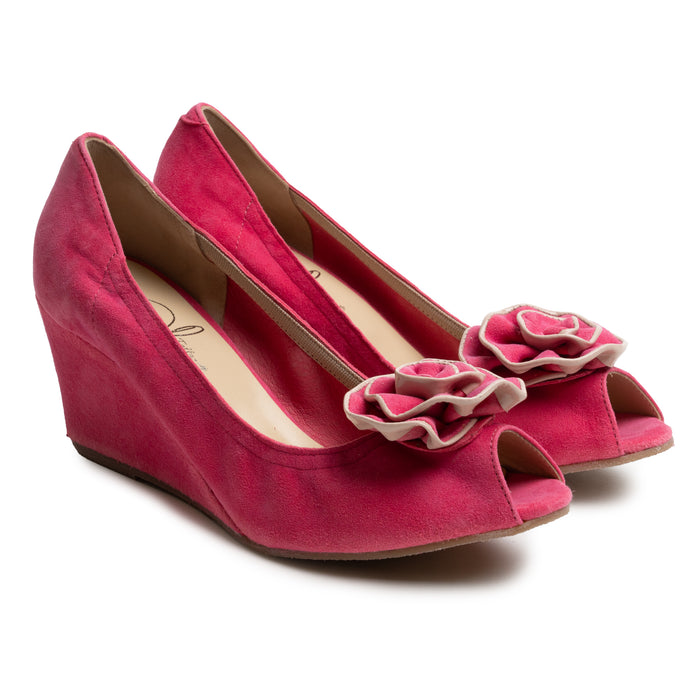 Women Open-Toe High Wedges in Suede Fucsia