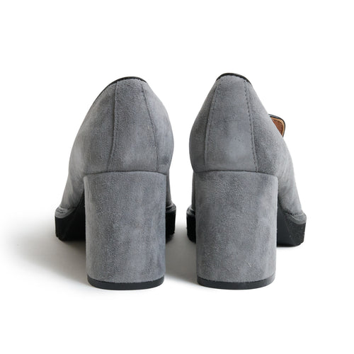 Women Suede Leather  Loafer with Block Heel in Grey