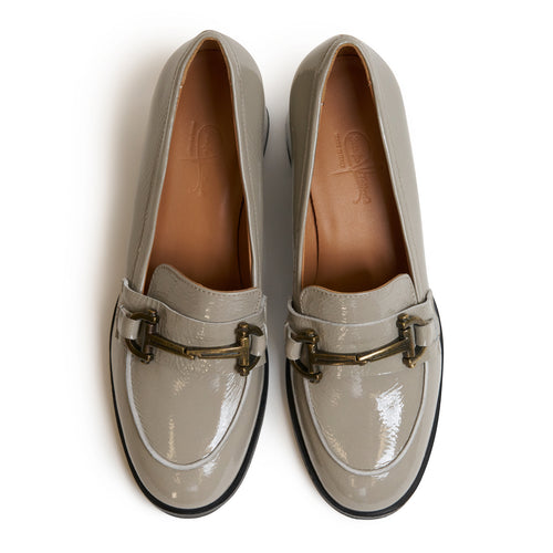 Women Patent Leather Loafer with Block Heel in Gesso