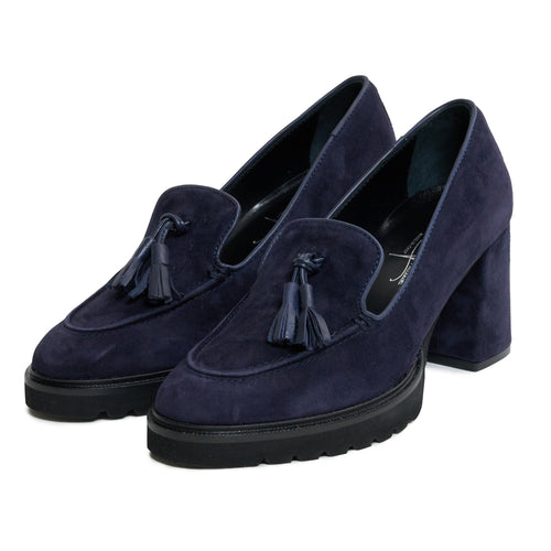 Women Suede Leather  Loafer with Block Heel in Abyss