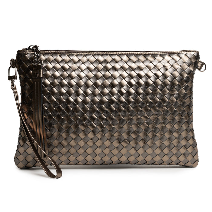 Women Intrecciato Leather Pouch Intrecciato Bronze and Gun Metal