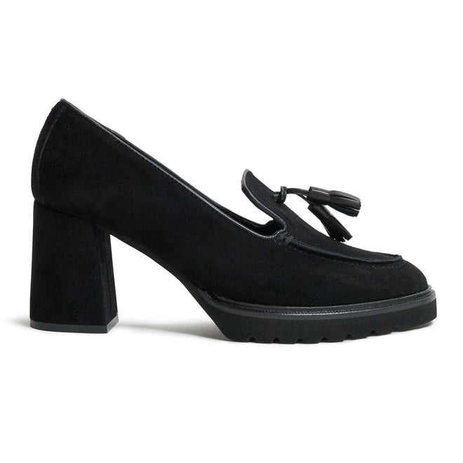 Women Suede Leather  Loafer with Block Heel in Black
