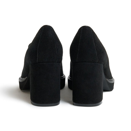 Women Suede Leather  Loafer with Block Heel in Black