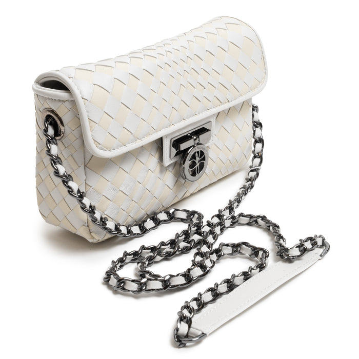 Chicca Women's Intreccio Optical Leather Bag in Nappa White and Avorio