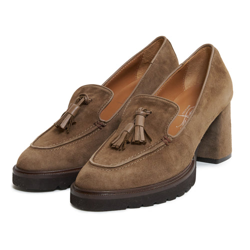 Women Suede Leather  Loafer with Block Heel in Taupe